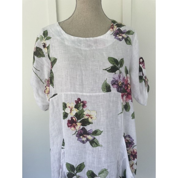 VANSA White Linen Floral Relaxed Langenlook Dress Made in Italy Petite Small - Picture 2 of 16
